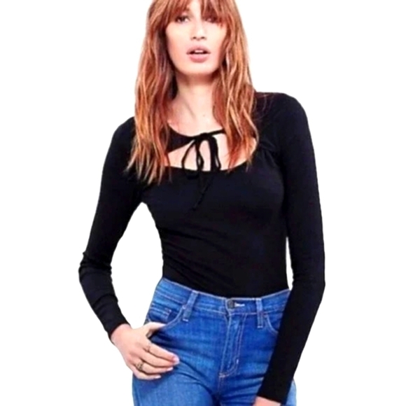 Free People Keyhole Tied Long Sleeve Cotton Blend Top Size Small - Picture 1 of 6